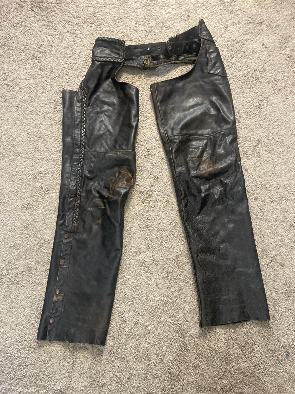 Alter Ego Cycle Chaps Mens Large Black Leather Motorcycle Biker Belted Zip
